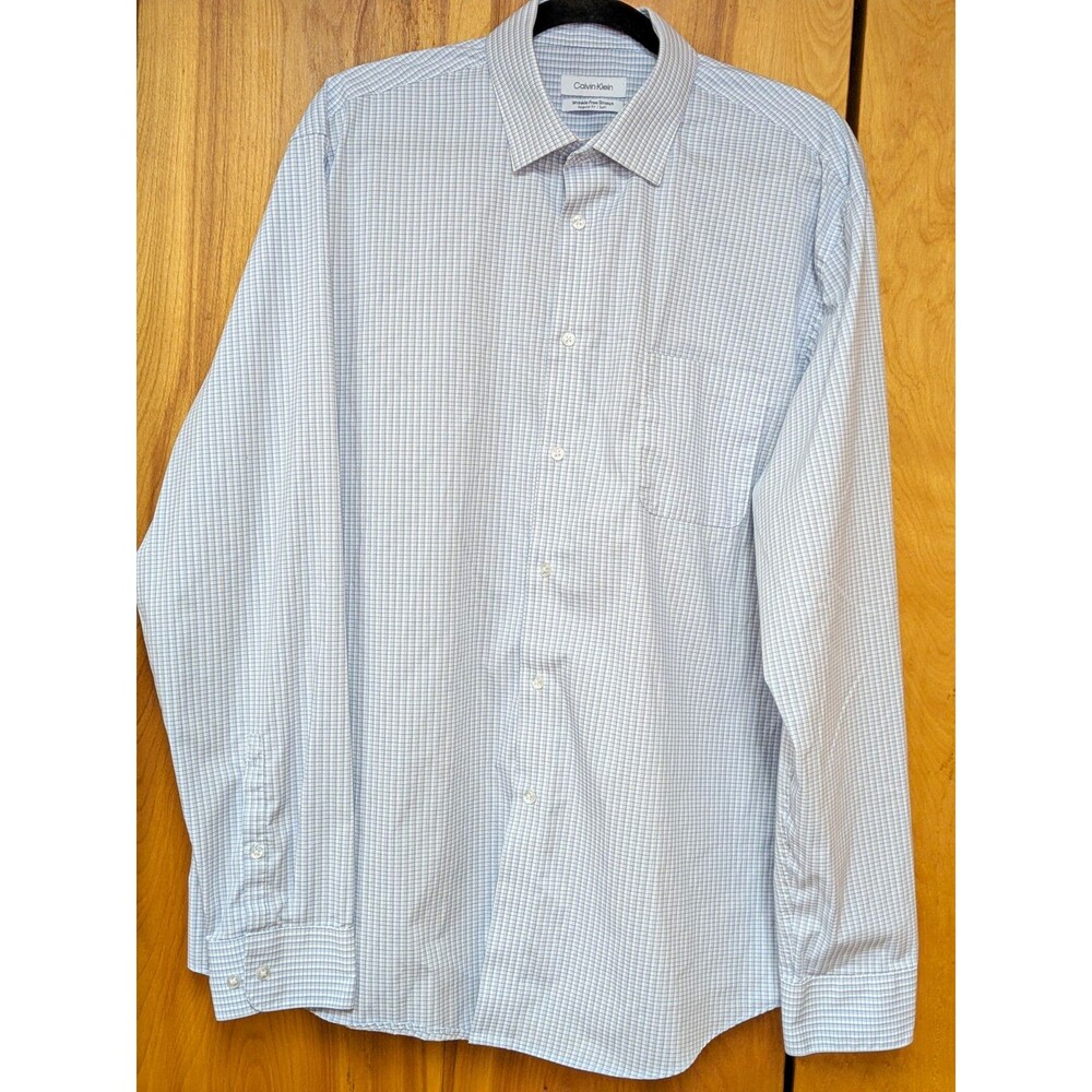 Calvin Klein Wrinkle Free Stretch Dress Shirt XL 17-17.5 36/37 Blue Check